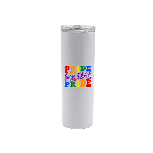 A white stainless steel tumbler with text that reads 'Pride Pride Pride' in colourful lettering.