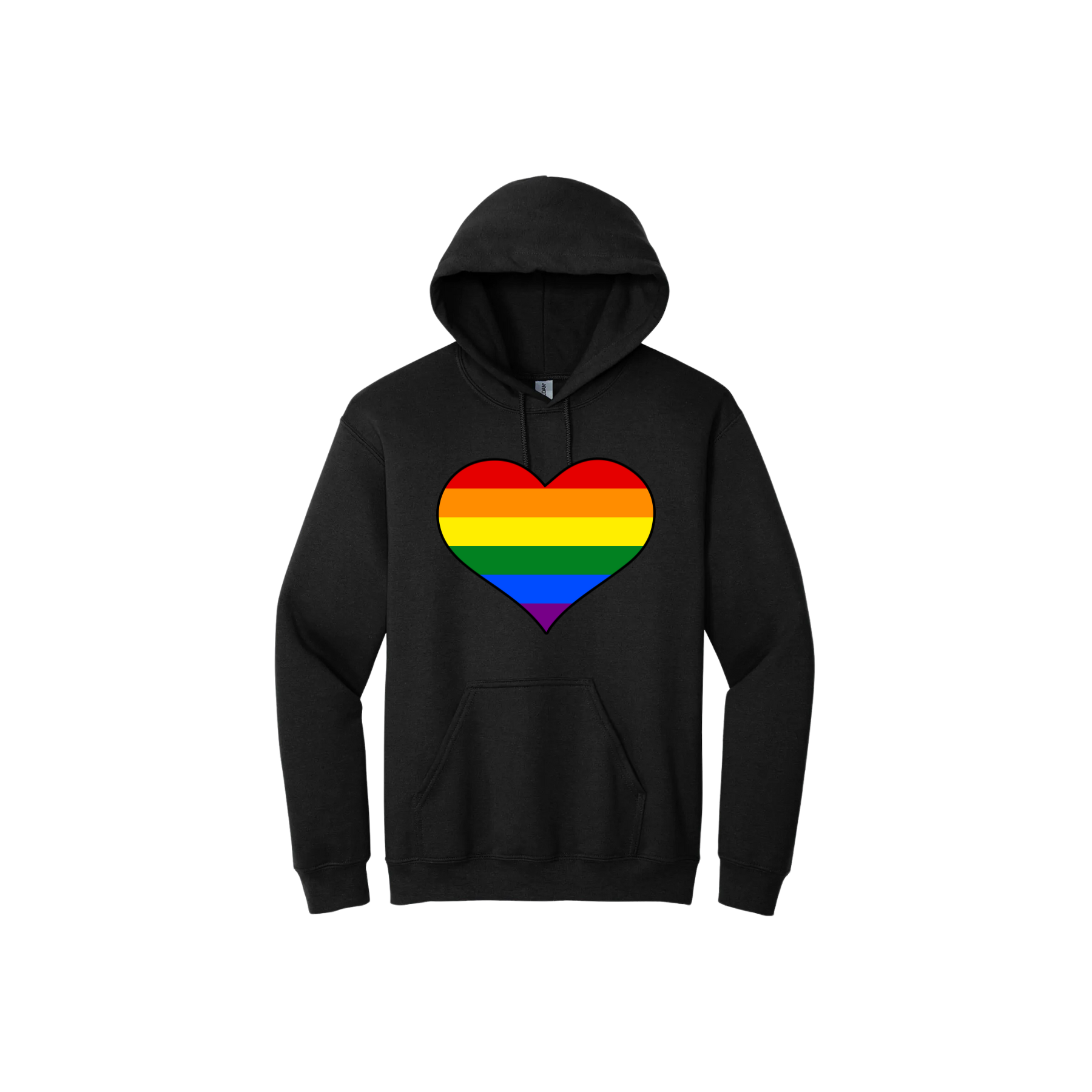 Black unisex hoodie with a rainbow coloured heart graphic in the center.