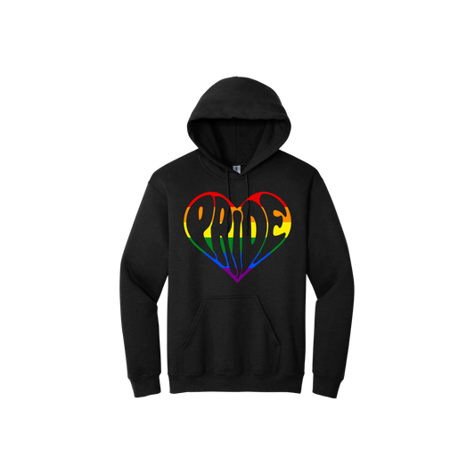 Black unisex hoodie featuring a rainbow coloured heart shape that is made up from the word 'Pride' written in black.