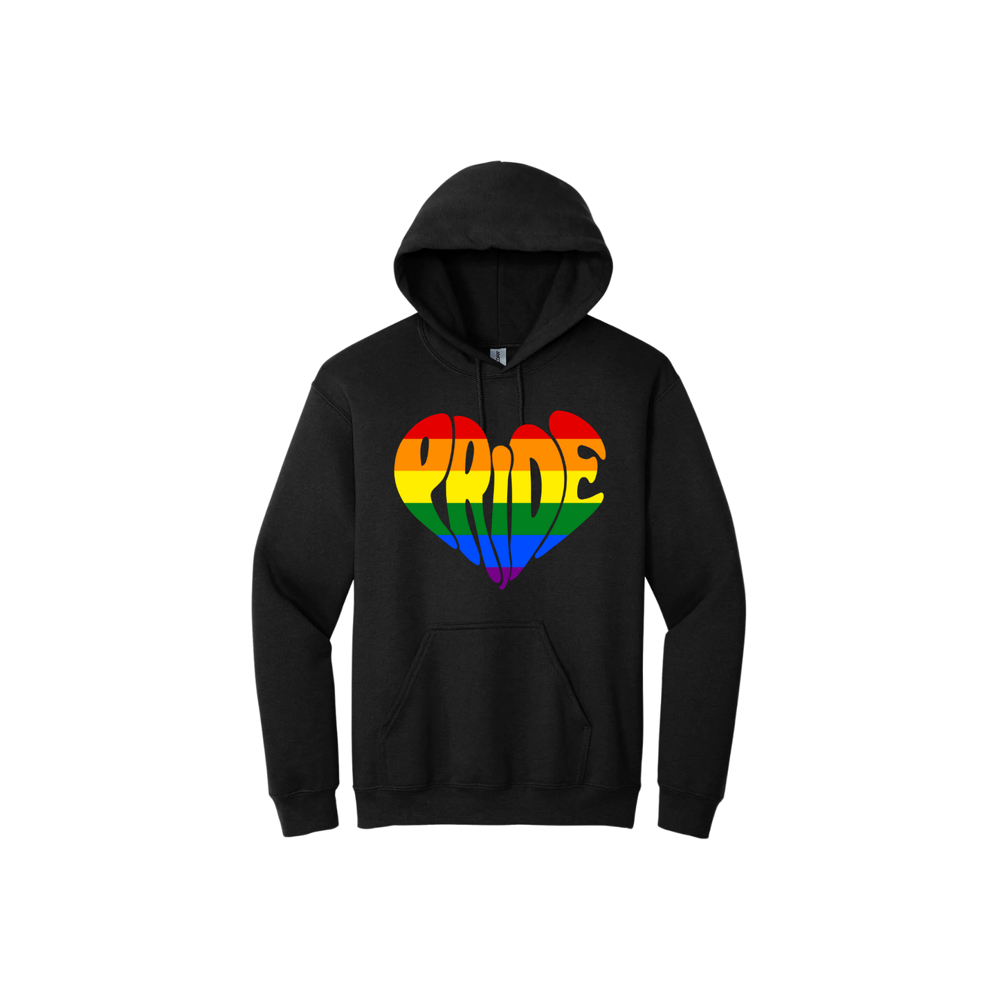 Black unisex hoodie featuring a rainbow coloured heart shape that is made up from the word 'Pride'.