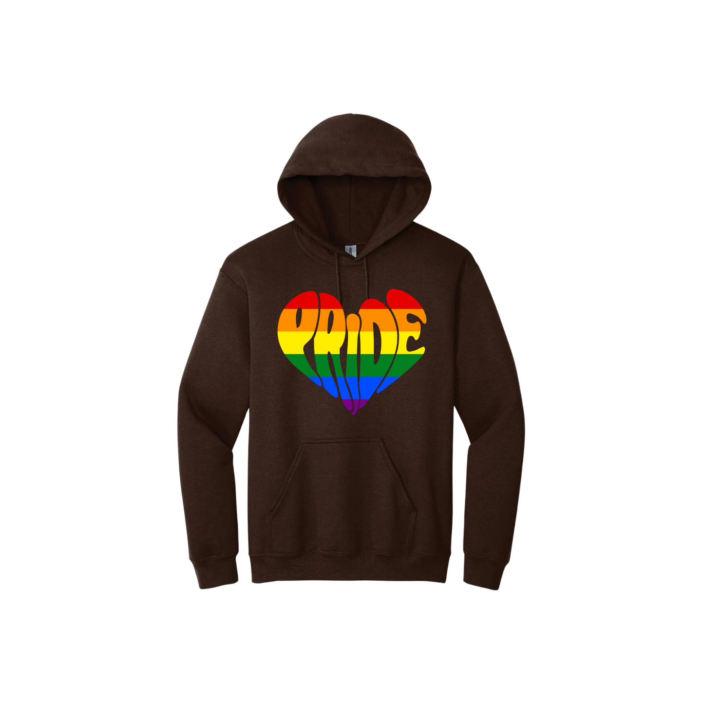 Brown unisex hoodie featuring a rainbow coloured heart shape that is made up from the word 'Pride'.