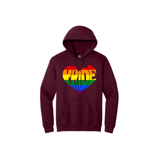 Maroon unisex hoodie featuring a rainbow coloured heart shape that is made up from the word 'Pride'.