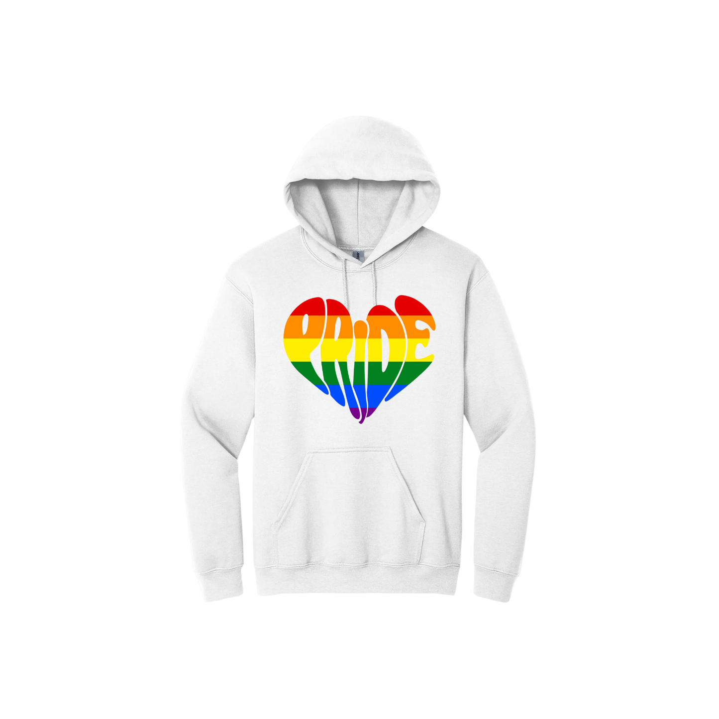 White unisex hoodie featuring a rainbow coloured heart shape that is made up from the word 'Pride'.