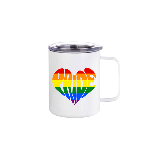 A white stainless steel mug with the word 'PRIDE' written in rainbow colours in the shape of a heart.