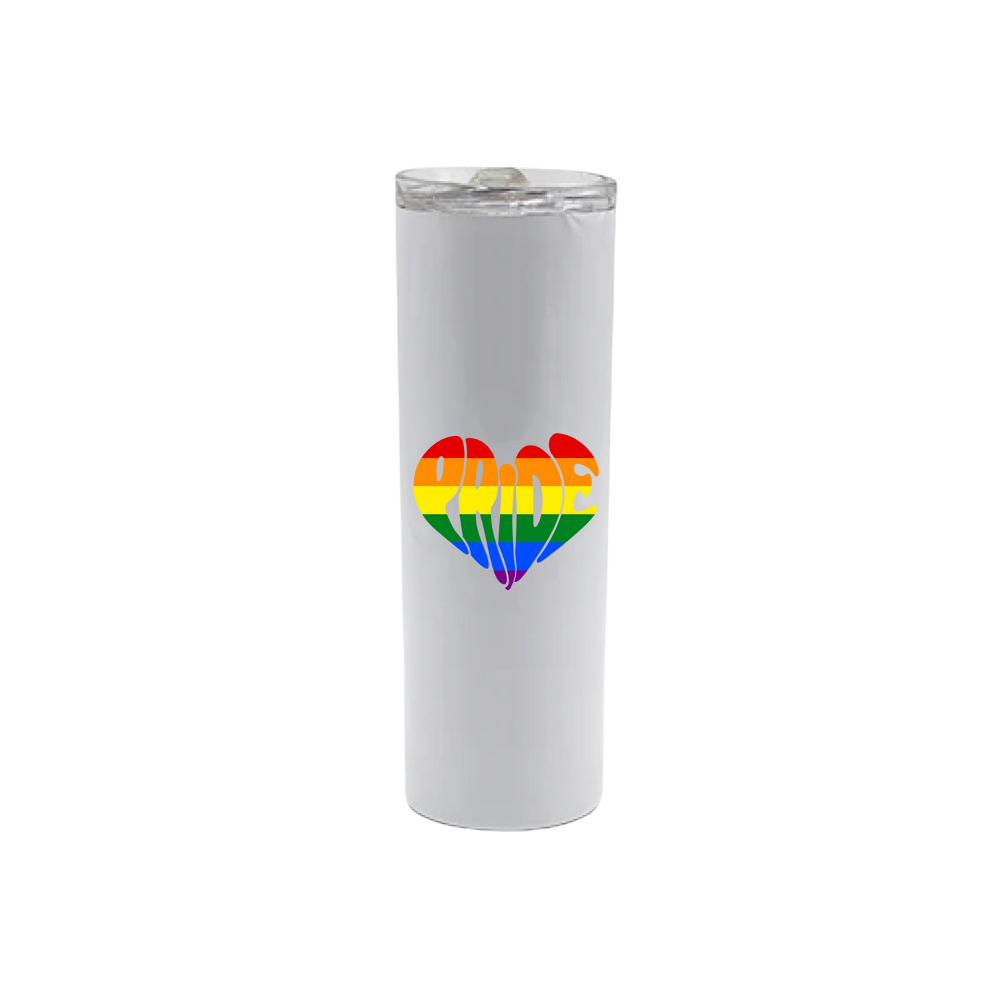 A white stainless steel tumbler with the word 'PRIDE' written in rainbow colours in the shape of a heart.