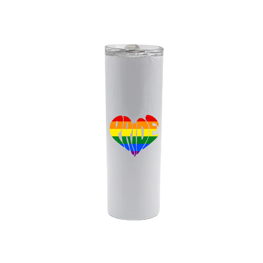 A white stainless steel tumbler with the word 'PRIDE' written in rainbow colours in the shape of a heart.