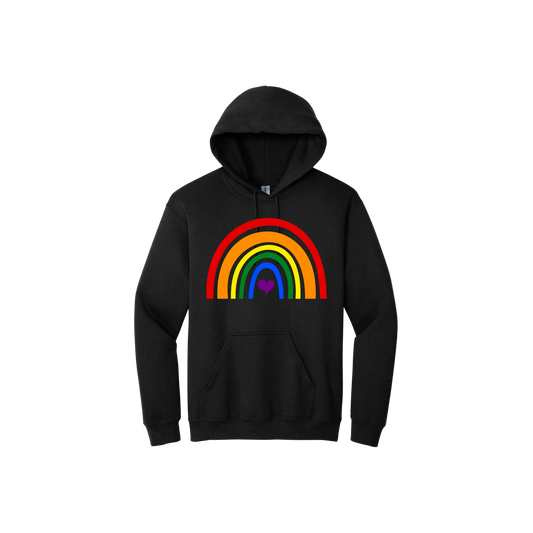 Black unisex hoodie with a colourful rainbow in the center, with a purple heart.