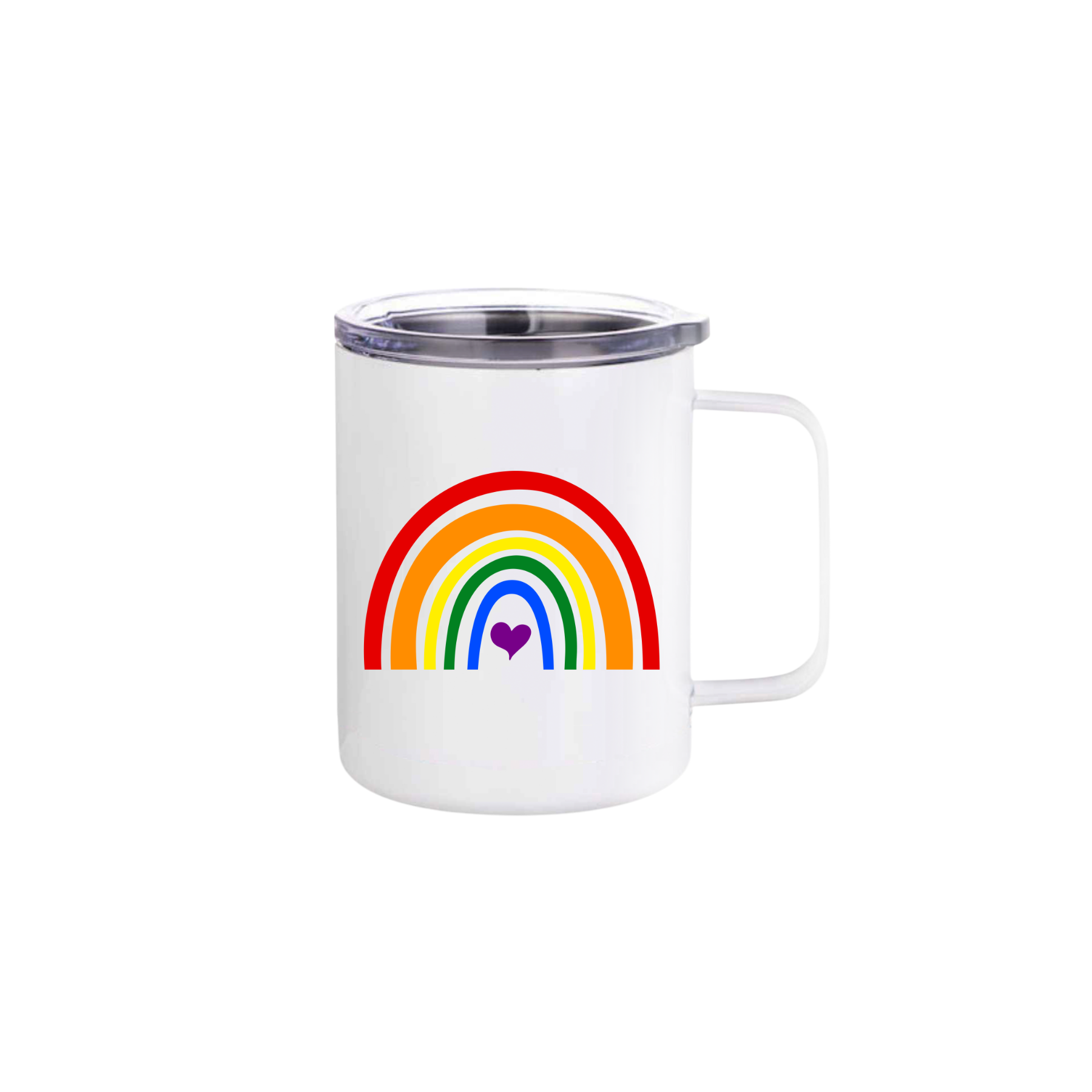 A white stainless steel mug with a colourful rainbow in the center, with a purple heart.