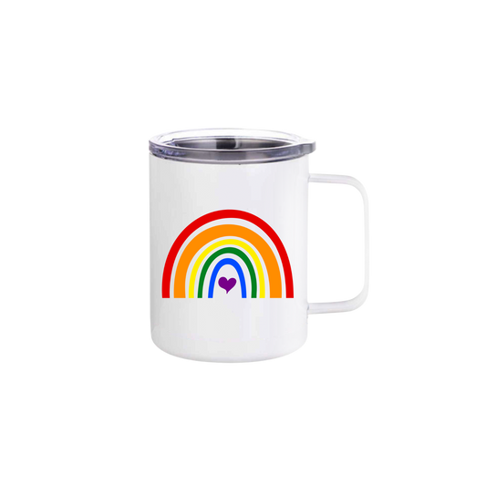 A white stainless steel mug with a colourful rainbow in the center, with a purple heart.