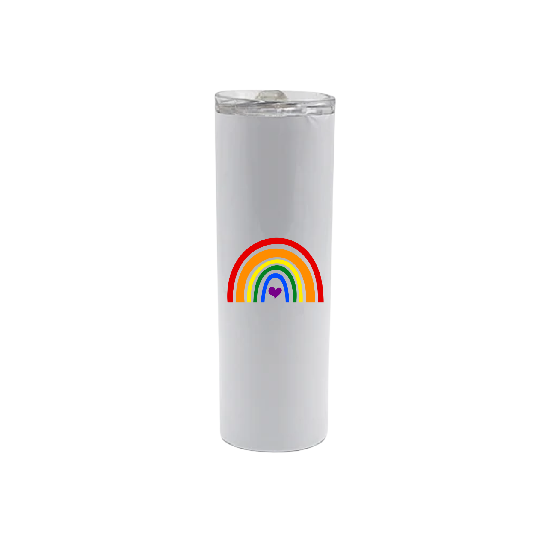 A white stainless steel tumbler with a colourful rainbow in the center, with a purple heart.
