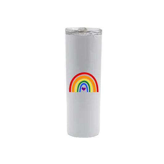 A white stainless steel tumbler with a colourful rainbow in the center, with a purple heart.