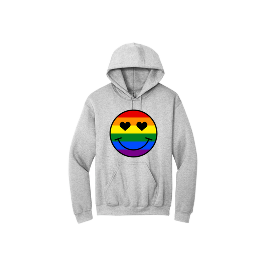 Grey unisex hoodie with a rainbow coloured smiley face with heart shaped eyes in the center.