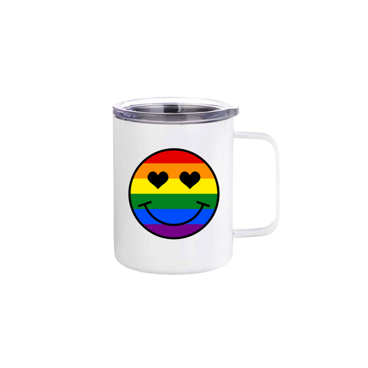 A white stainless steel mug with a rainbow coloured smiley face with heart shaped eyes in the center.