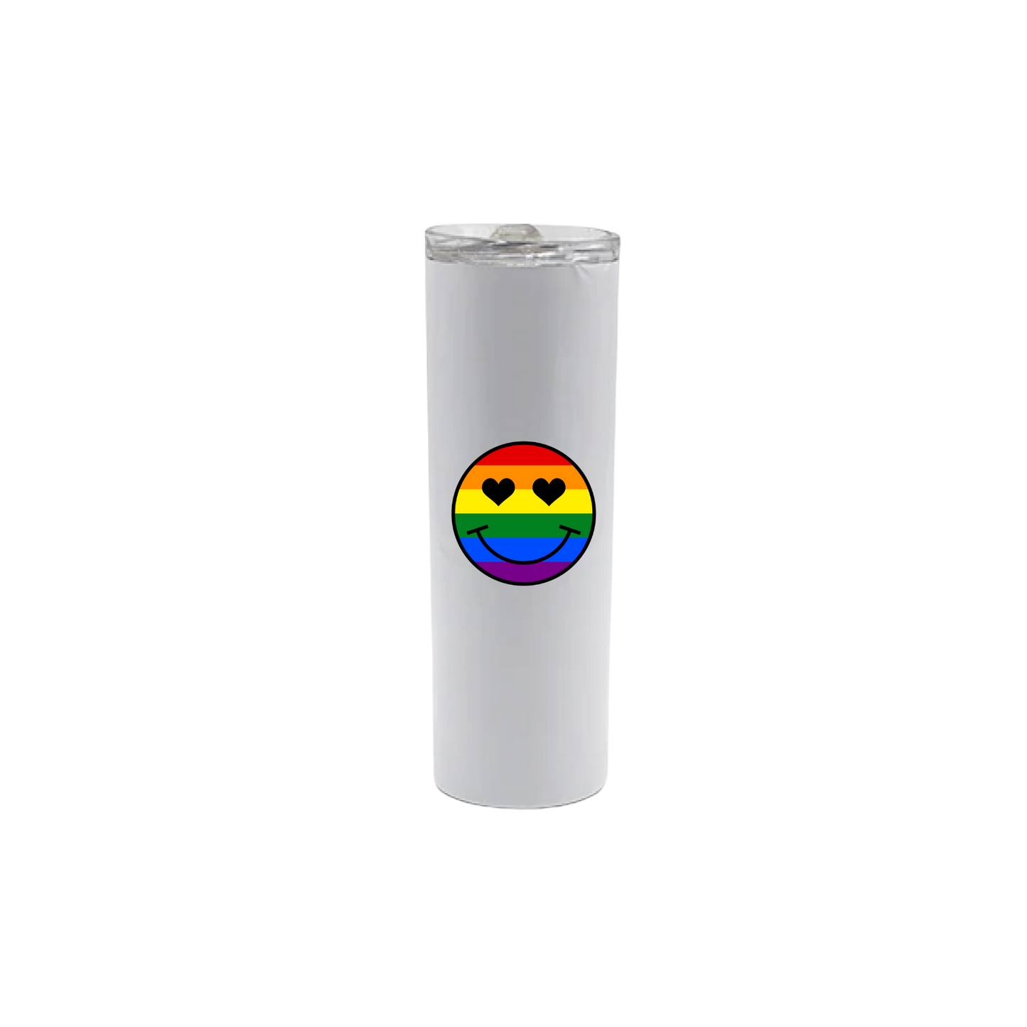 A white stainless steel tumbler with a rainbow coloured smiley face with heart shaped eyes in the center.