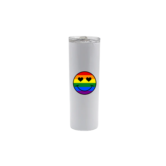 A white stainless steel tumbler with a rainbow coloured smiley face with heart shaped eyes in the center.