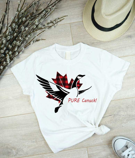 White tshirt featuring a flying goose design over a plaid maple leaf with red text that reads 'Pure Canuck!'