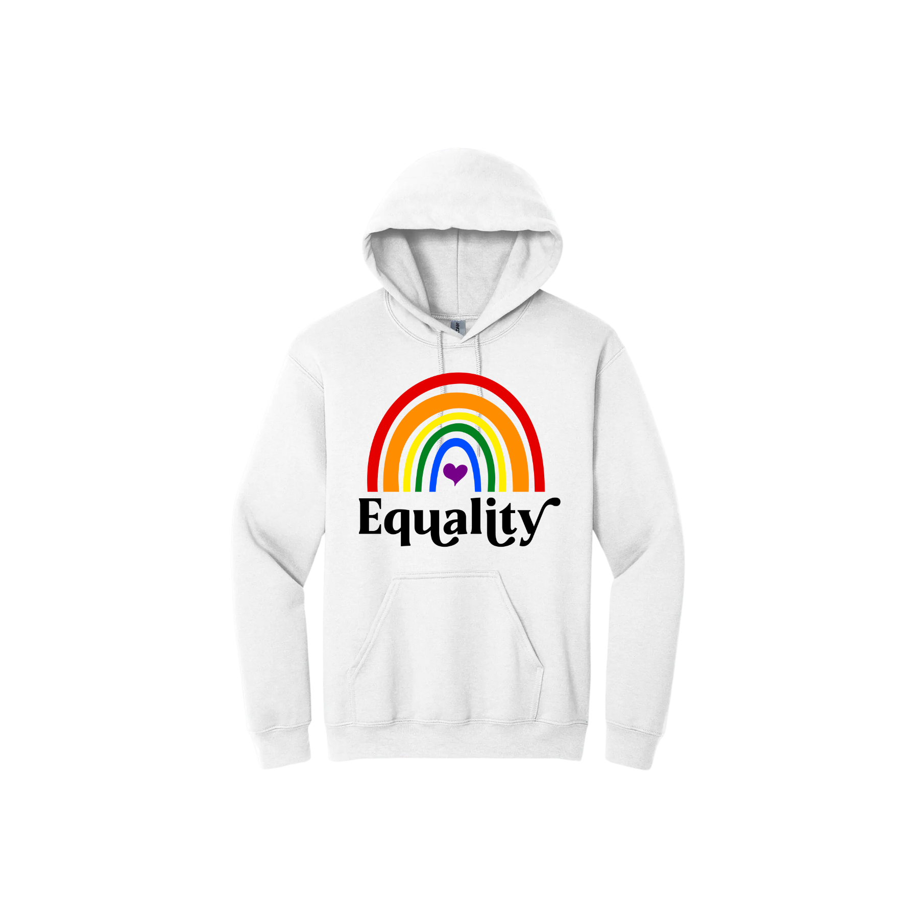 White hoodie with a rainbow design in the front on the center, with text that reads 'Equality' under.