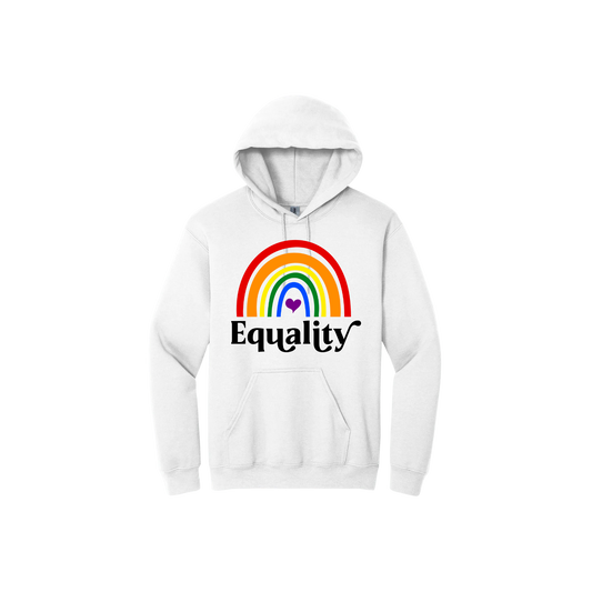 White hoodie with a rainbow design in the front on the center, with text that reads 'Equality' under.