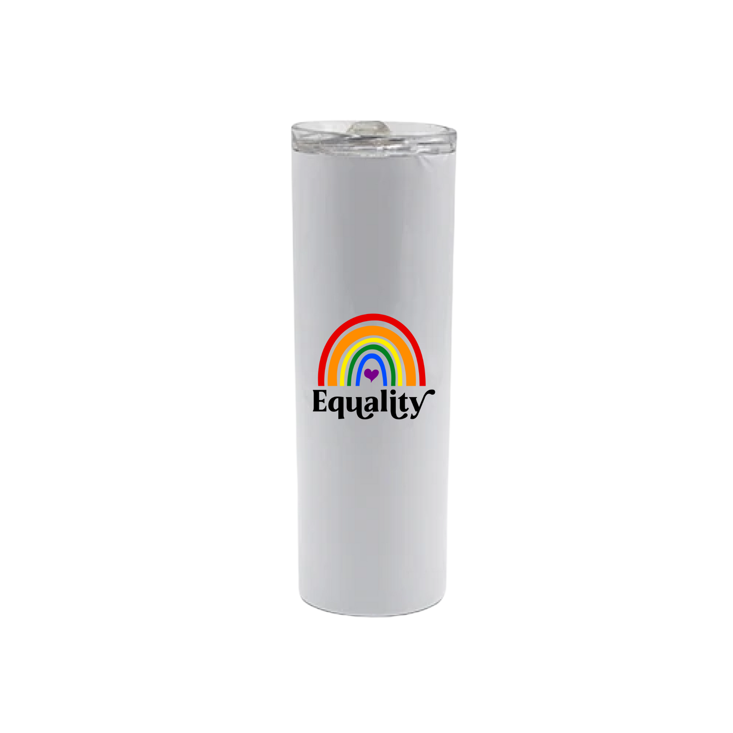 A white stainless steel tumbler with a rainbow design in the front on the center, with text that reads 'Equality' underneath.
