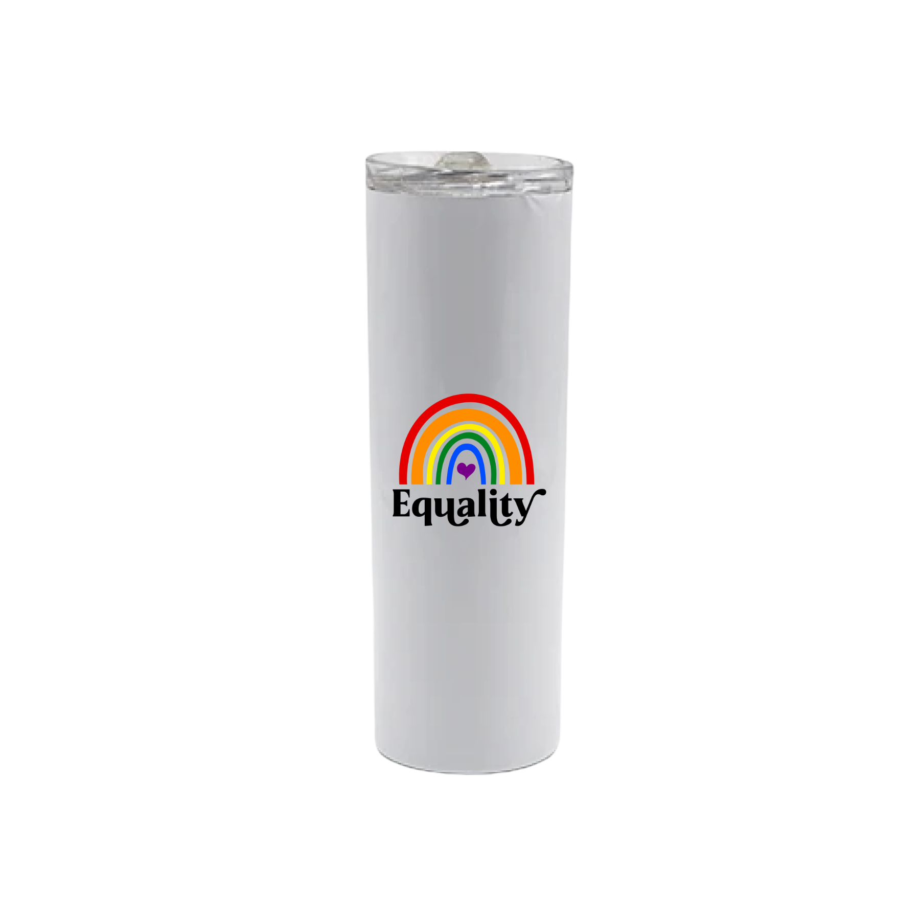 A white stainless steel tumbler with a rainbow design in the front on the center, with text that reads 'Equality' underneath.