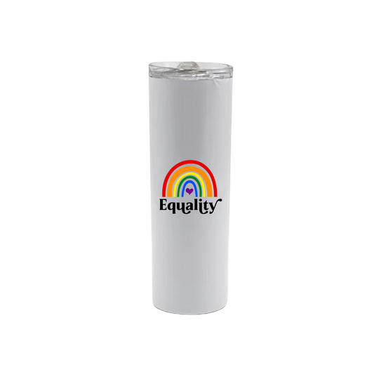 A white stainless steel tumbler with a rainbow design in the front on the center, with text that reads 'Equality' underneath.