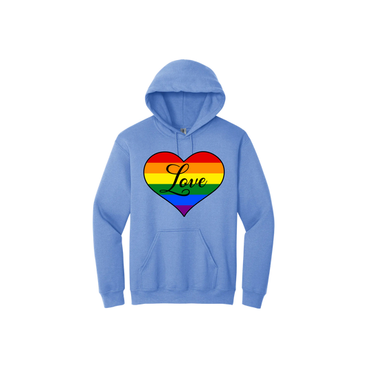 Blue unisex hoodie with a large rainbow heart in the center with the word 'Love' written in the center.