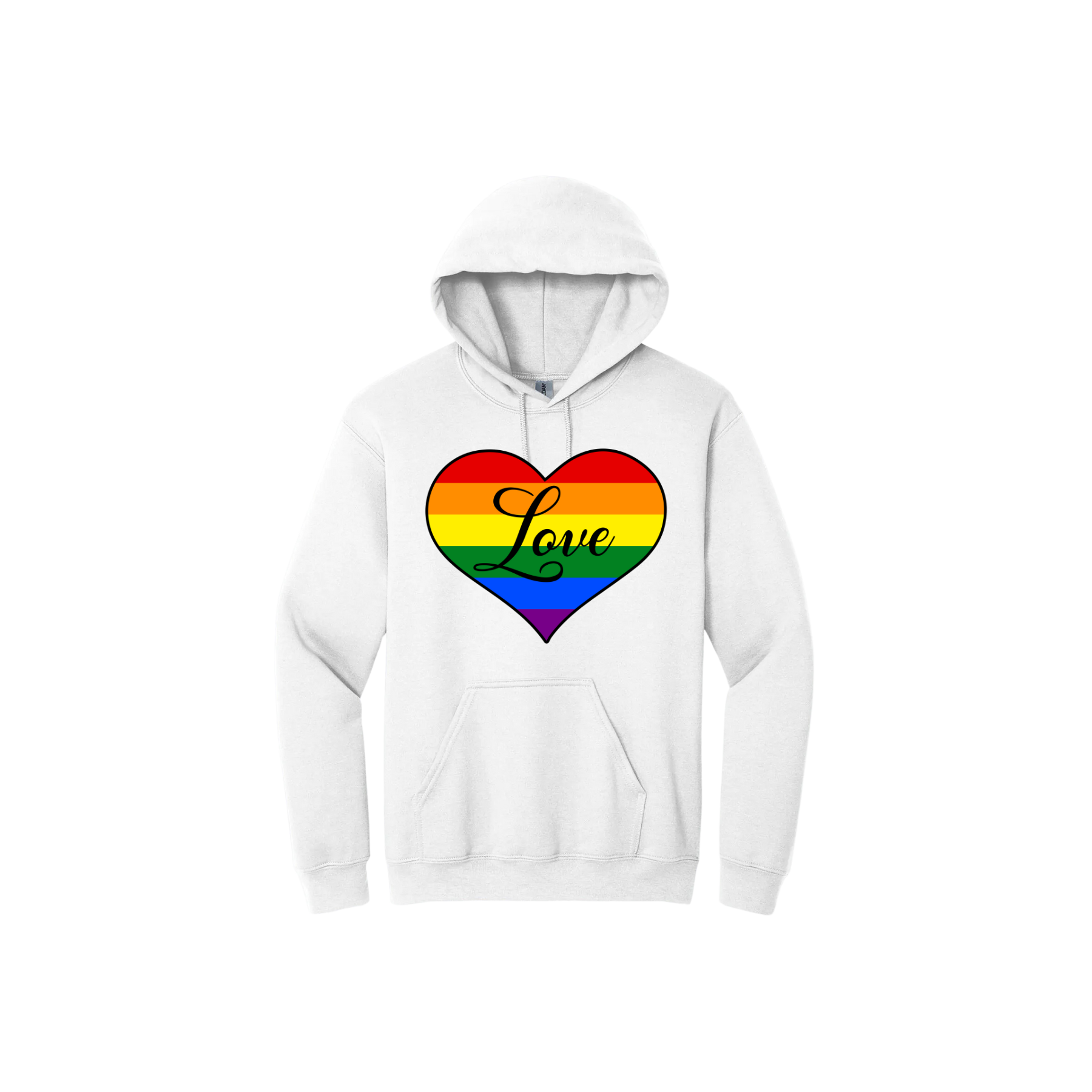 White unisex hoodie with a large rainbow heart in the center with the word 'Love' written in the center.