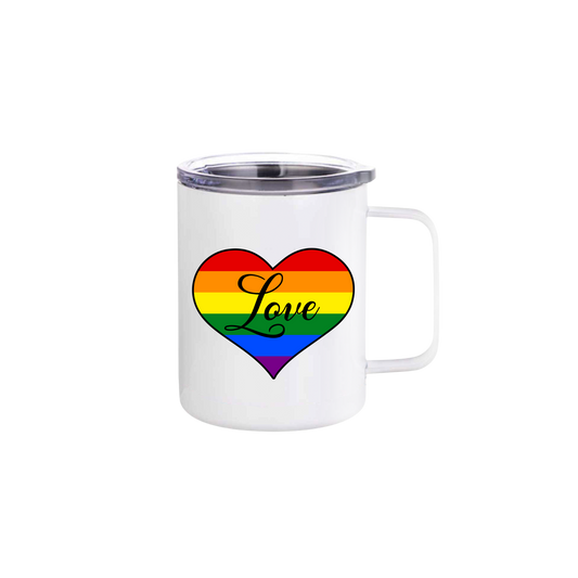 A white stainless steel mug with text that reads 'Love' inside of a graphic of a rainbow heart shape.