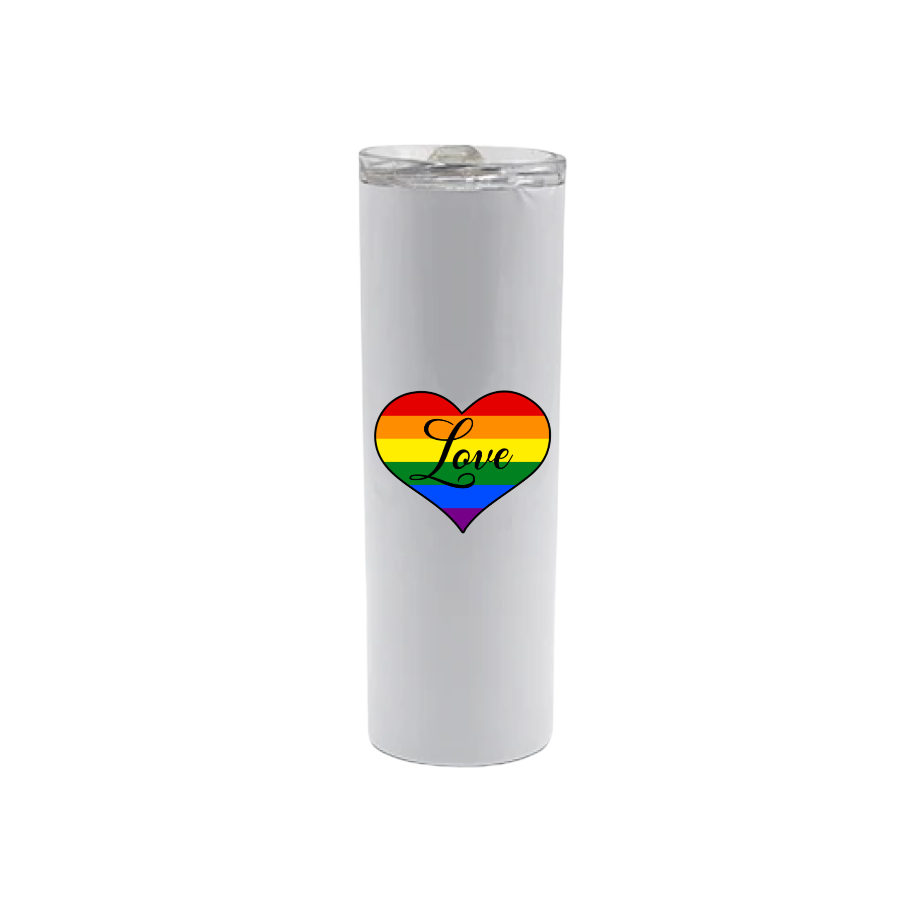 A white stainless steel tumbler with text that reads 'Love' inside of a graphic of a rainbow heart shape.