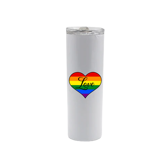 A white stainless steel tumbler with text that reads 'Love' inside of a graphic of a rainbow heart shape.