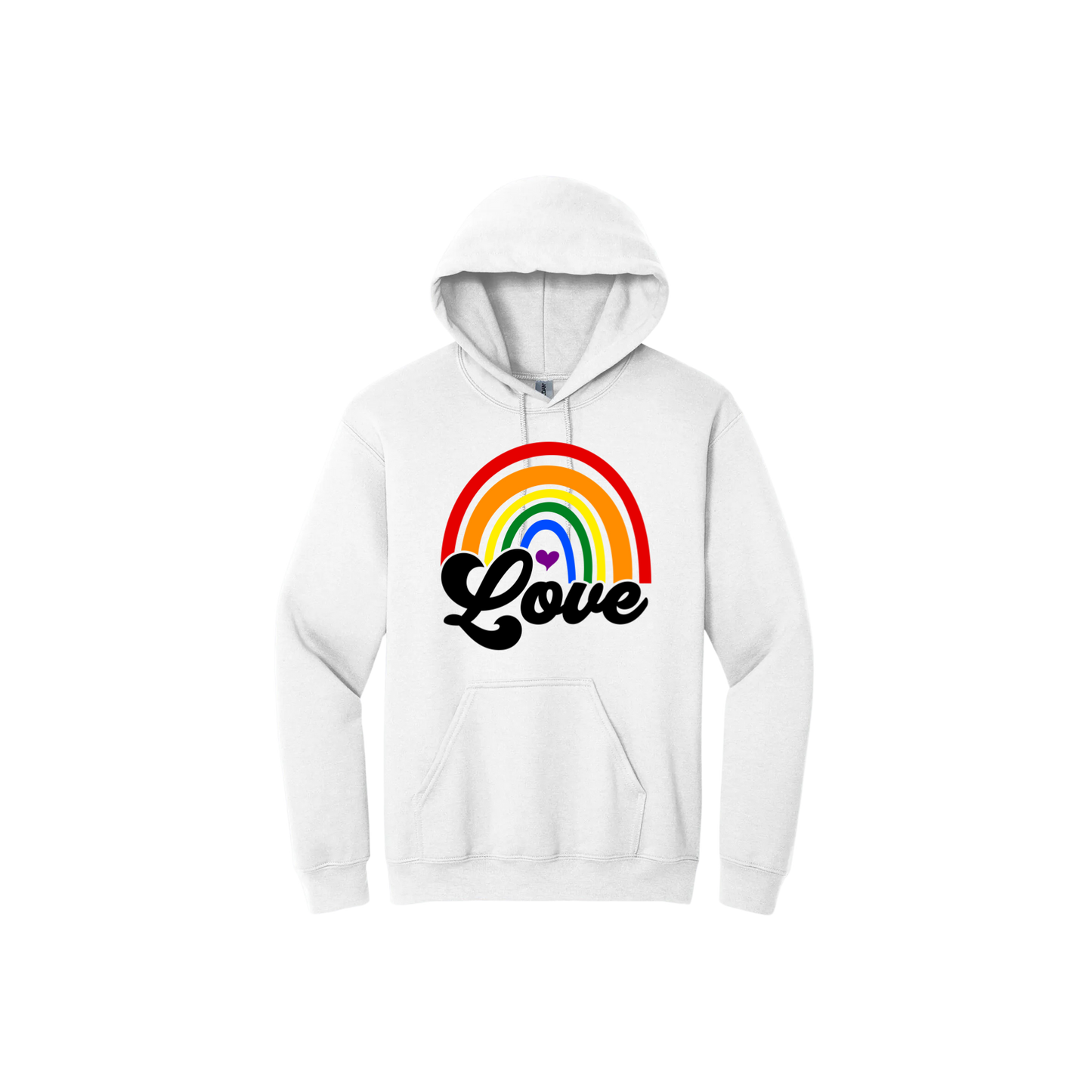 White unisex hoodie with a rainbow design in the center with the word 'Love' underneath.