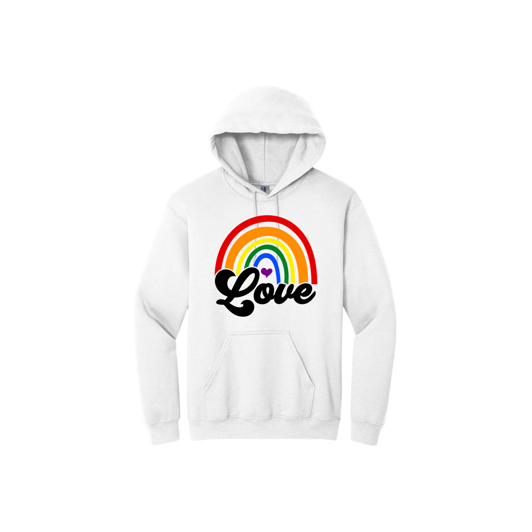 White unisex hoodie with a rainbow design in the center with the word 'Love' underneath.
