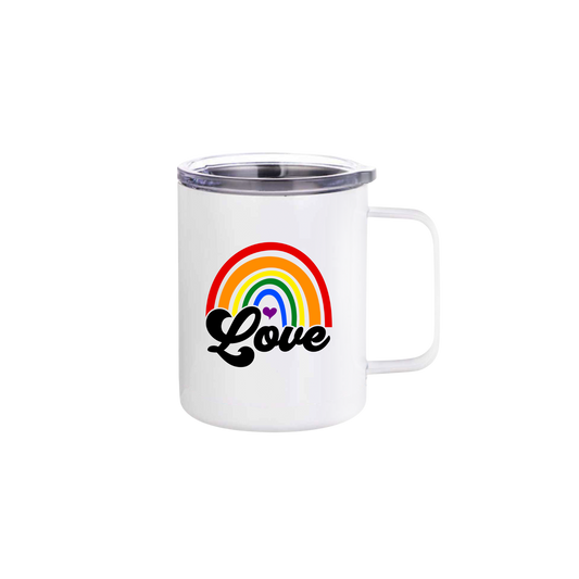 A white stainless steel mug with text that reads 'Love' underneath a graphic of a rainbow.
