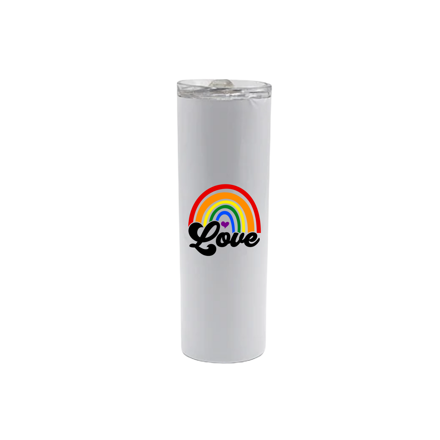 A white stainless steel tumbler with text that reads 'Love' underneath a graphic of a rainbow.