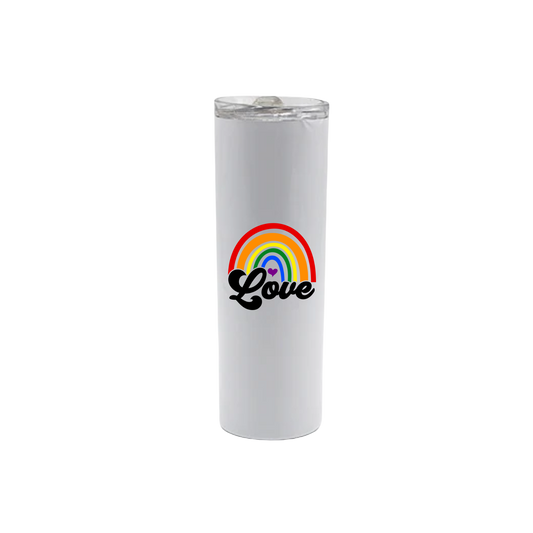 A white stainless steel tumbler with text that reads 'Love' underneath a graphic of a rainbow.