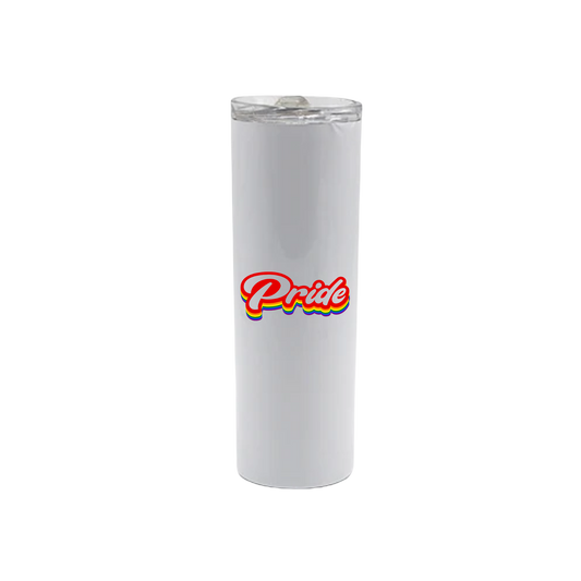 A white stainless steel tumbler with text that reads 'Pride' written in layered rainbow colors in a vintage font.