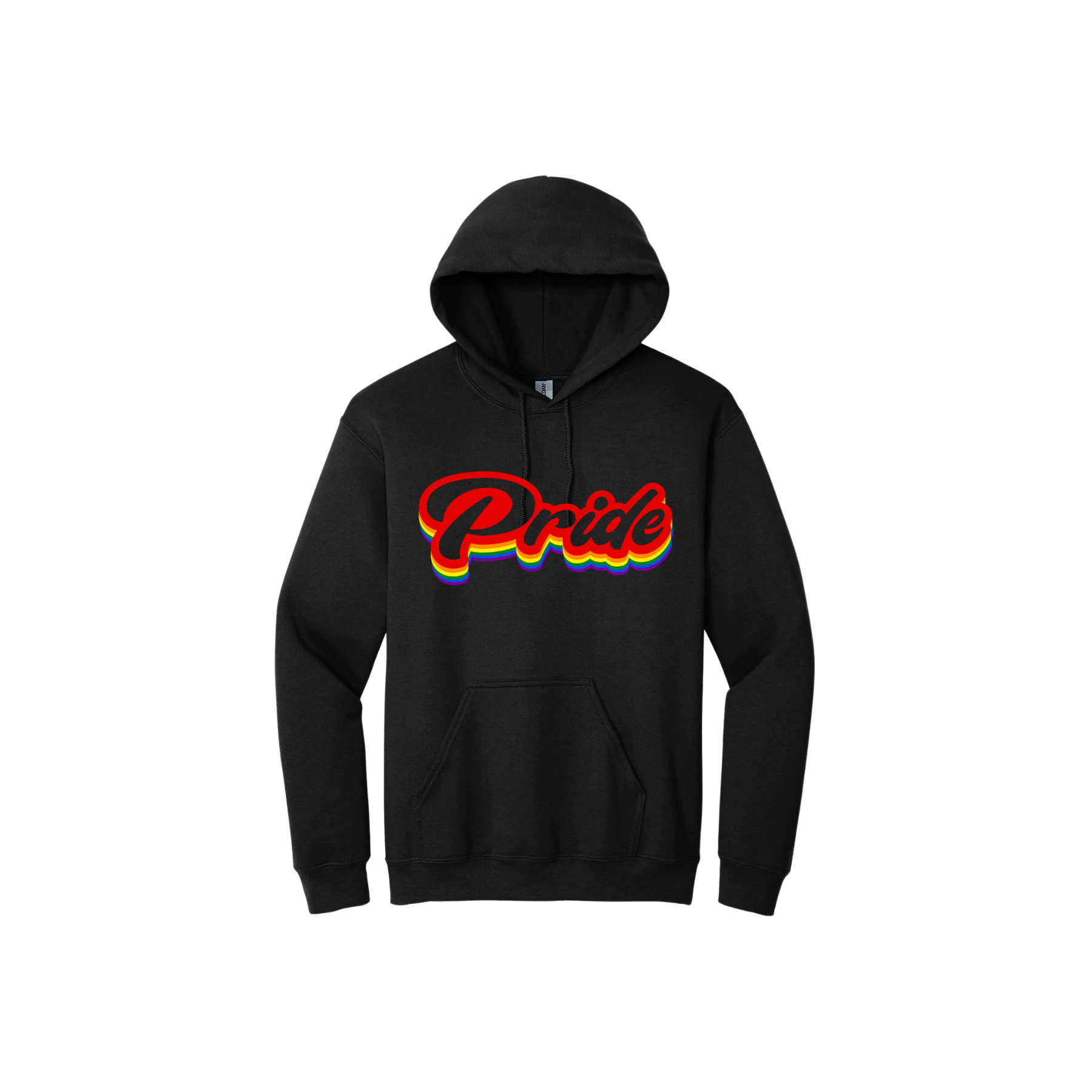 Black unisex hoodie featuring rainbow colored text in a vintage font that reads 'Pride'.