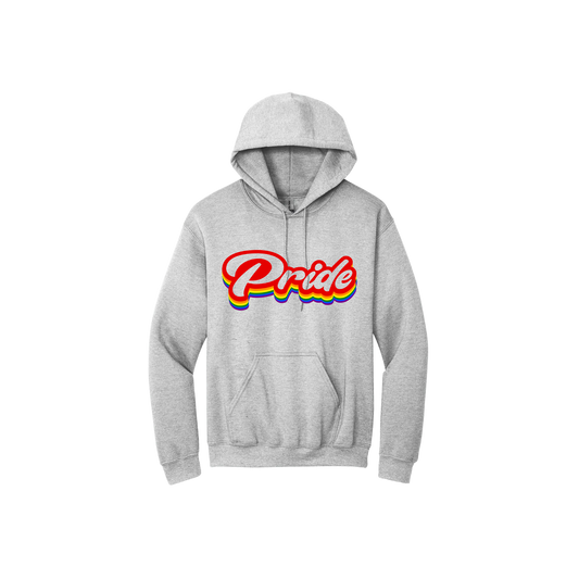 Grey unisex hoodie featuring rainbow colored text in a vintage font that reads 'Pride'.