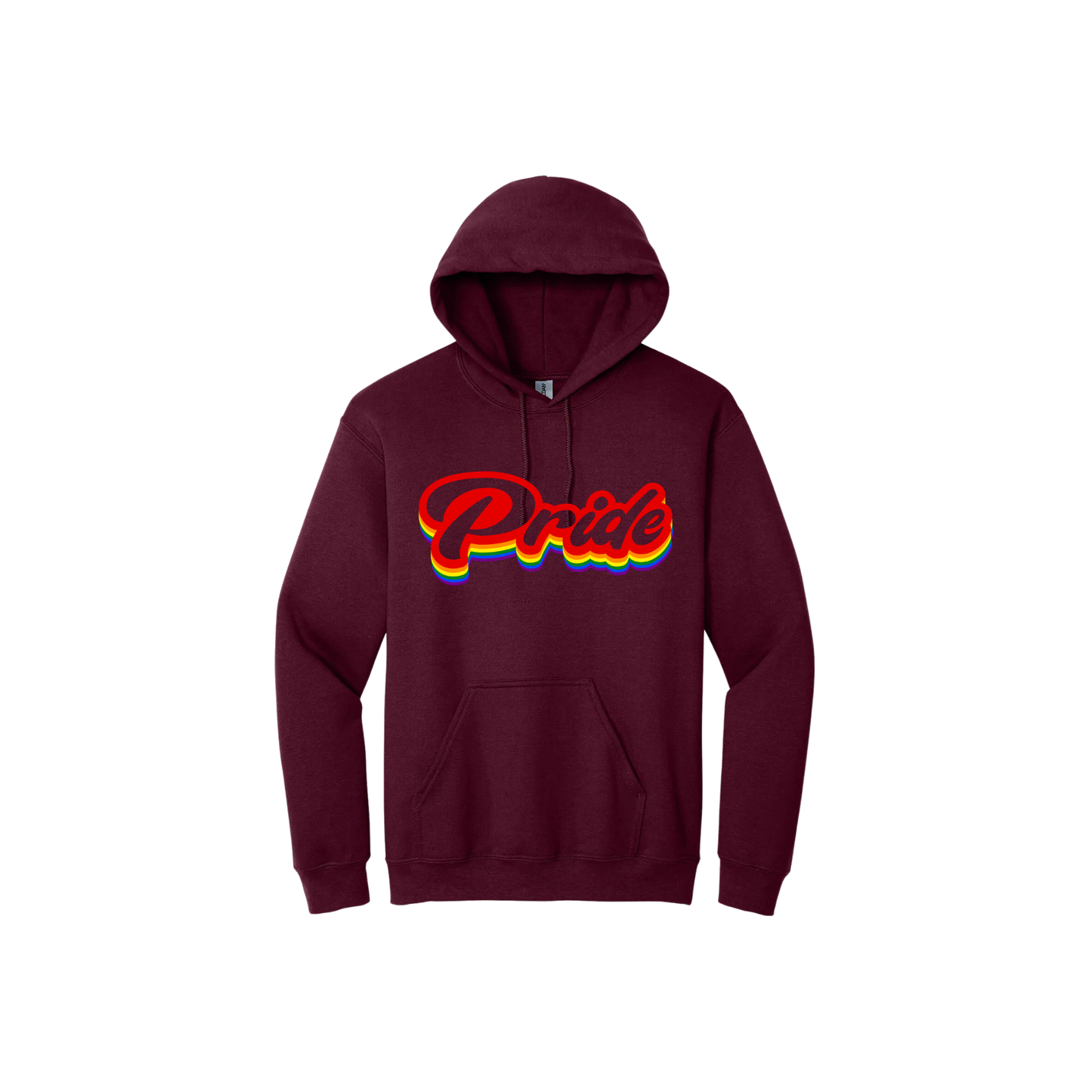 Maroon unisex hoodie featuring rainbow colored text in a vintage font that reads 'Pride'.