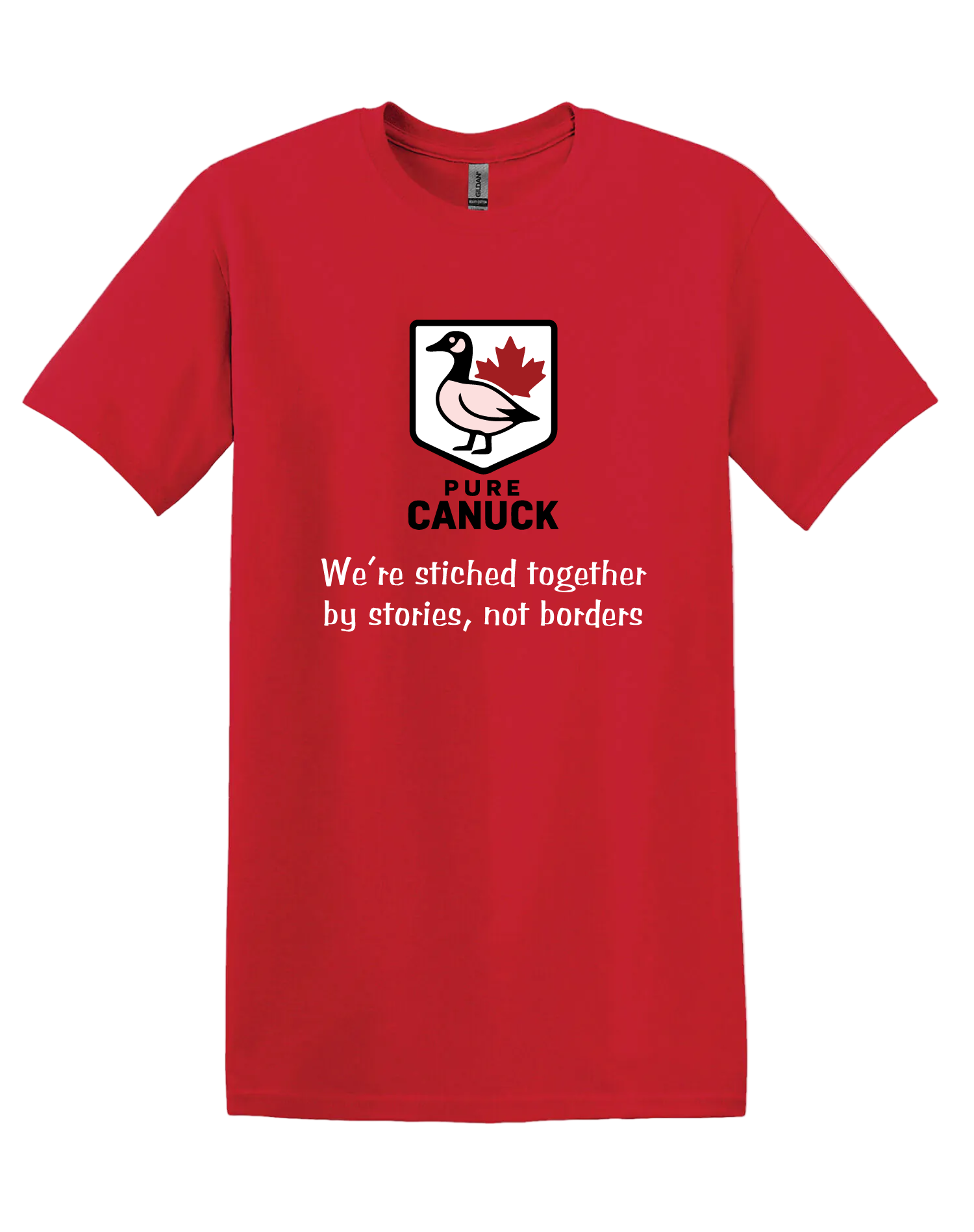 Red unisex tshirt featuring the pure canuck logo in the center along with the text 'We're stitched together by stories, not borders'