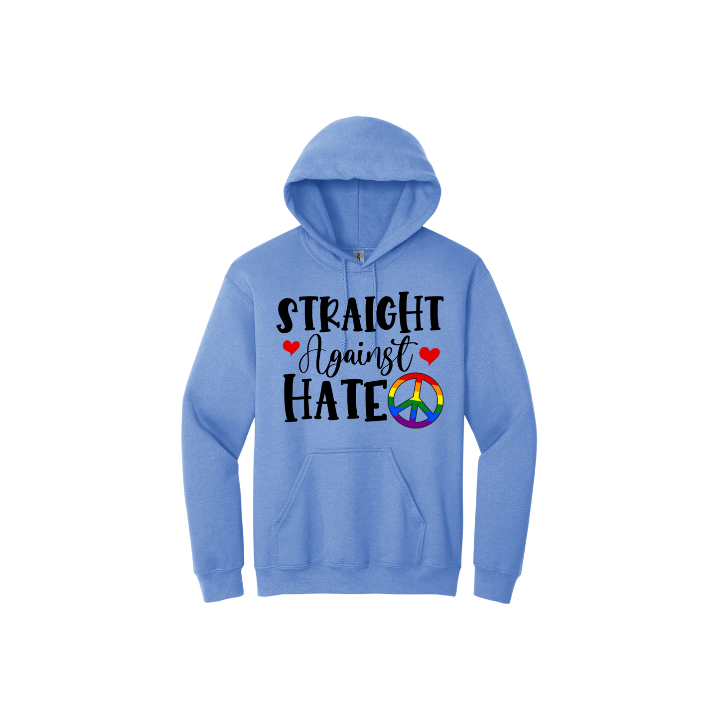 Blue unisex hoodie featuring text that reads 'Straight Against Hate' with graphics of red hearts and a rainbow coloured peace symbol.
