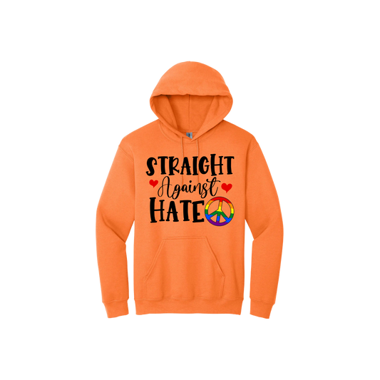 Orange unisex hoodie featuring text that reads 'Straight Against Hate' with graphics of red hearts and a rainbow coloured peace symbol.