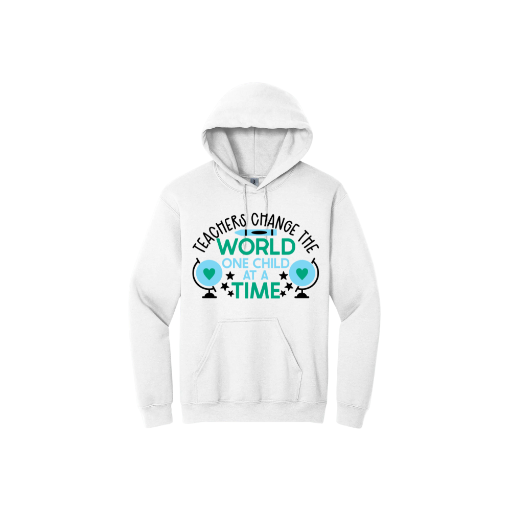 White unisex hoodie with text that reads 'Teachers change the world one child at a time' alongside graphics of globes, stars, and a blue crayon.