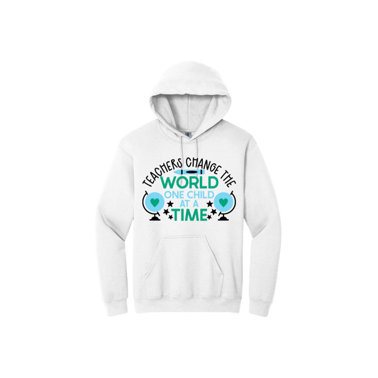 White unisex hoodie with text that reads 'Teachers change the world one child at a time' alongside graphics of globes, stars, and a blue crayon.