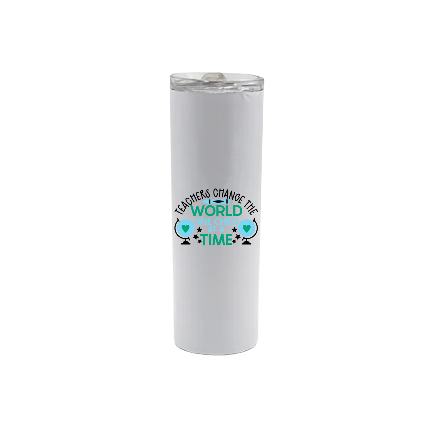 A white stainless steel tumbler featuring text that reads 'Teachers change the world one child at a time' along with graphics of globes, stars, hearts, and a blue crayon.