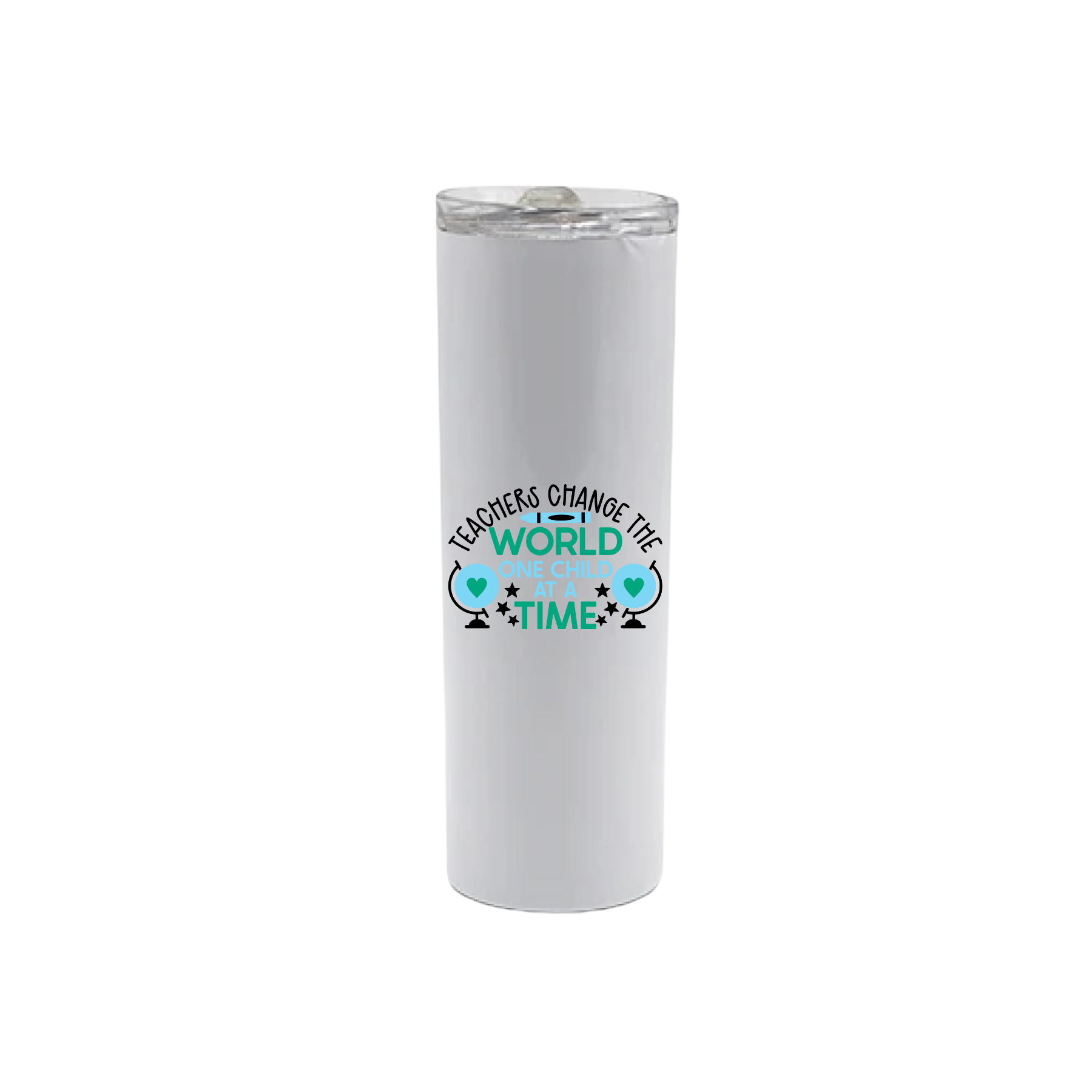 A white stainless steel tumbler featuring text that reads 'Teachers change the world one child at a time' along with graphics of globes, stars, hearts, and a blue crayon.
