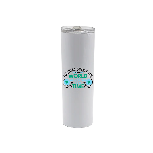 A white stainless steel tumbler featuring text that reads 'Teachers change the world one child at a time' along with graphics of globes, stars, hearts, and a blue crayon.