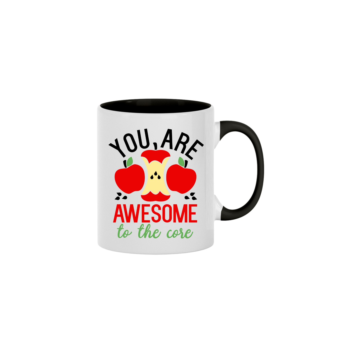 A black ceramic mug with text that reads 'You are AWESOME to the core' along with graphics of apples and an apple core in the center.