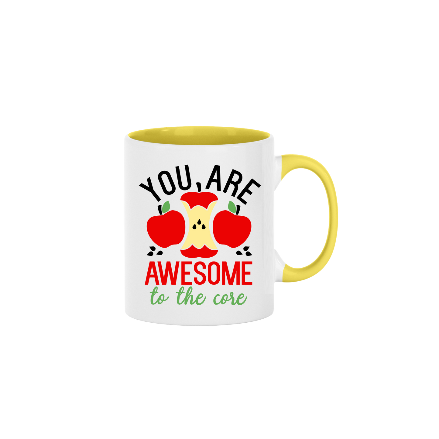 A yellow ceramic mug with text that reads 'You are AWESOME to the core' along with graphics of apples and an apple core in the center.